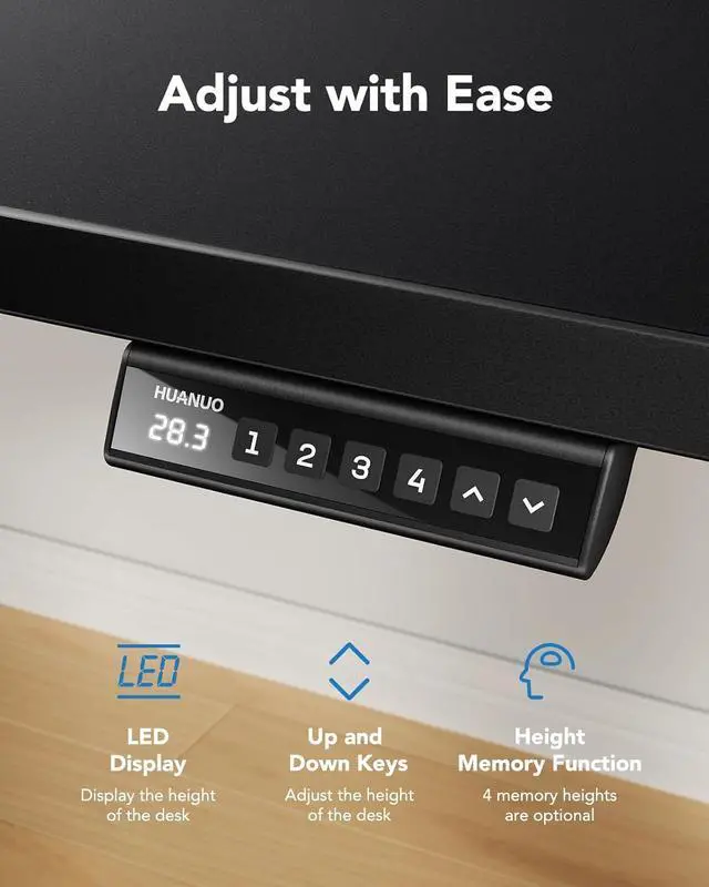 Alt view image 7 of 7 - HUANUO Electric Standing Desk, 48" x 24" Whole Piece Desktop, Adjustable Height Computer Desks, 4 Height Memory Settings, Sit Stand Up Desk for Home Office, Black