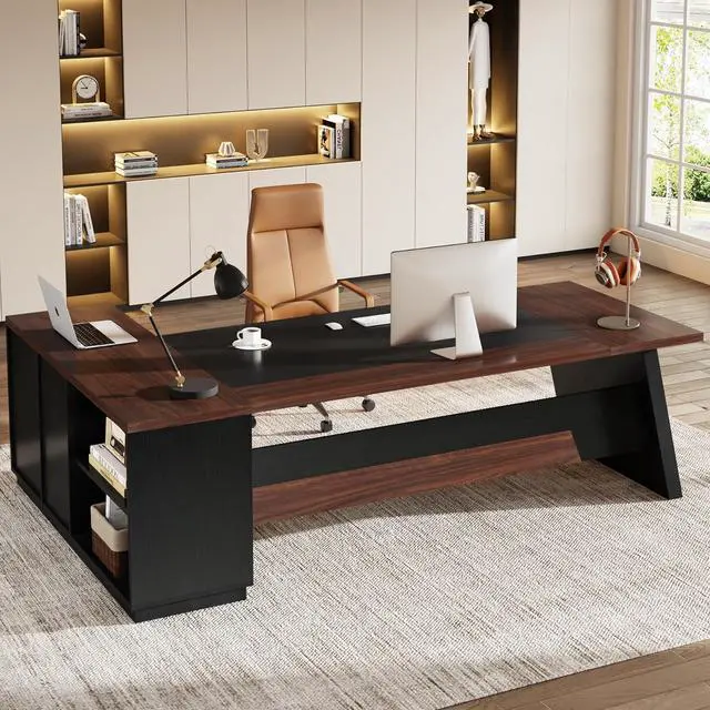 Main image of Tribesigns 78" L-Shaped Executive Desk, Large Office Desk with Drawers and Lateral File Cabinet, Business Furniture with Storage Shelves, Modern Computer Desk for Home Office, Walnut & Black