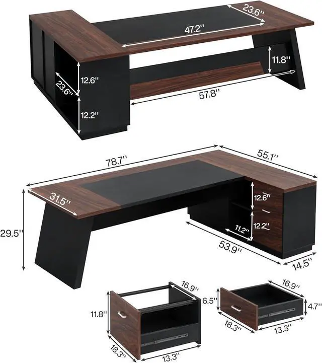 Alt view image 2 of 7 - Tribesigns 78" L-Shaped Executive Desk, Large Office Desk with Drawers and Lateral File Cabinet, Business Furniture with Storage Shelves, Modern Computer Desk for Home Office, Walnut & Black