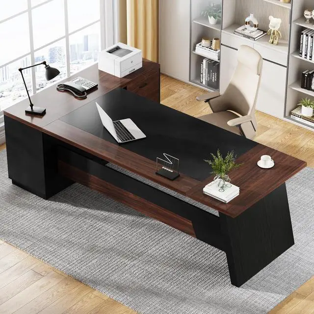 Alt view image 3 of 7 - Tribesigns 78" L-Shaped Executive Desk, Large Office Desk with Drawers and Lateral File Cabinet, Business Furniture with Storage Shelves, Modern Computer Desk for Home Office, Walnut & Black