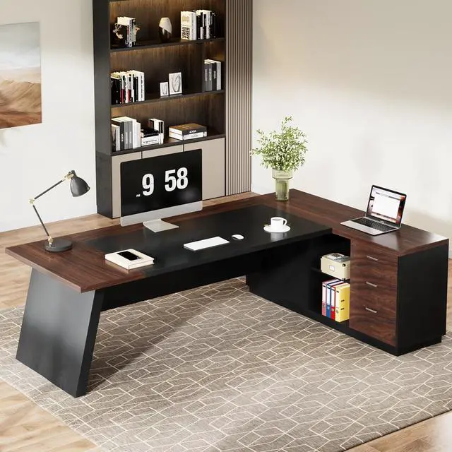 Alt view image 4 of 7 - Tribesigns 78" L-Shaped Executive Desk, Large Office Desk with Drawers and Lateral File Cabinet, Business Furniture with Storage Shelves, Modern Computer Desk for Home Office, Walnut & Black