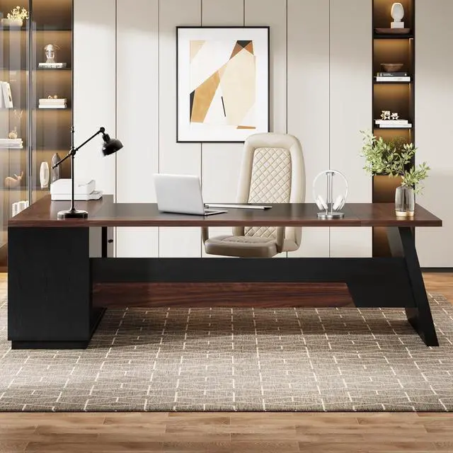 Alt view image 5 of 7 - Tribesigns 78" L-Shaped Executive Desk, Large Office Desk with Drawers and Lateral File Cabinet, Business Furniture with Storage Shelves, Modern Computer Desk for Home Office, Walnut & Black