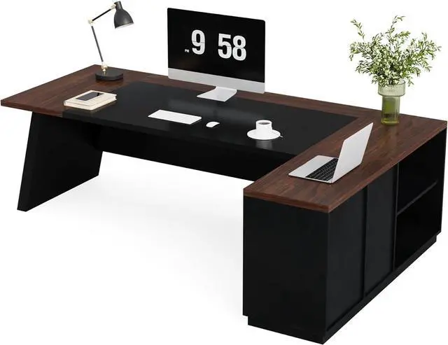 Alt view image 6 of 7 - Tribesigns 78" L-Shaped Executive Desk, Large Office Desk with Drawers and Lateral File Cabinet, Business Furniture with Storage Shelves, Modern Computer Desk for Home Office, Walnut & Black