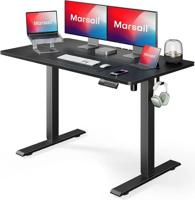 Main image of Marsail Electric Standing Desk Adjustable Height, 48 x 24 Inch Sit Stand up Desk for Home Office Furniture Computer Desk with 3 Memory Presets, Headphone Hook, Black