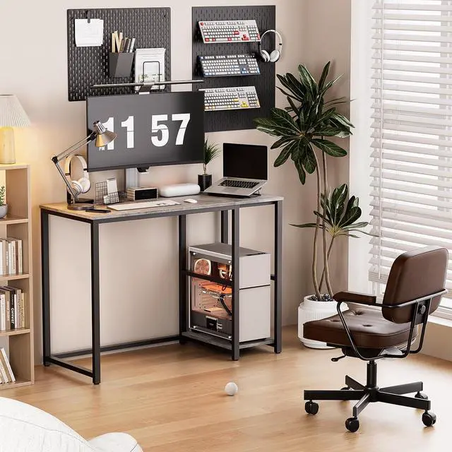 Alt view image 2 of 7 - SINPAID Computer Desk 40 inches with 2-Tier Shelves Sturdy Home Office Desk with Large Storage Space Modern Gaming Desk Study Writing Laptop Table, Gray Desk
