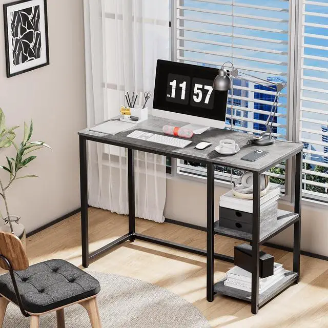 Alt view image 4 of 7 - SINPAID Computer Desk 40 inches with 2-Tier Shelves Sturdy Home Office Desk with Large Storage Space Modern Gaming Desk Study Writing Laptop Table, Gray Desk