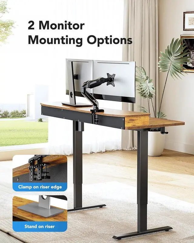 Alt view image 3 of 6 - HUANUO 55 x 26 Electric Standing Desk with 2 Drawers, C-Clamp Mount Compatible, Height Adjustable Computer Desk, Home Office Stand Up Desk with 4 Preset Heights & 2 Hooks, Vintage Brown