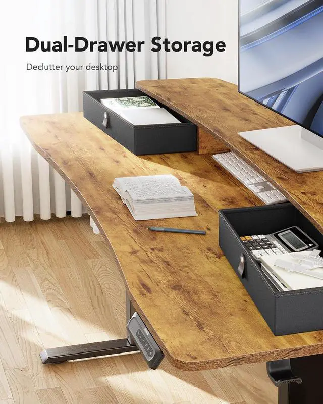 Alt view image 4 of 6 - HUANUO 55 x 26 Electric Standing Desk with 2 Drawers, C-Clamp Mount Compatible, Height Adjustable Computer Desk, Home Office Stand Up Desk with 4 Preset Heights & 2 Hooks, Vintage Brown