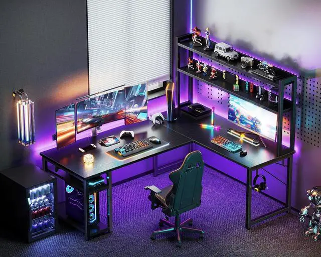 Alt view image 2 of 7 - ODK 59 Inch L Shaped Gaming Desk with Hutch, Computer Desk with Storage Shelves, L Shaped Desk for Home Office, Corner Desk with Headphone Hook, Black