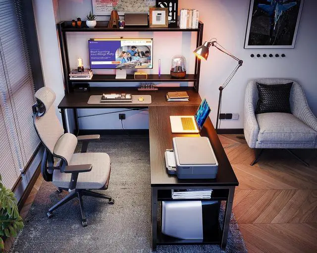Alt view image 4 of 7 - ODK 59 Inch L Shaped Gaming Desk with Hutch, Computer Desk with Storage Shelves, L Shaped Desk for Home Office, Corner Desk with Headphone Hook, Black