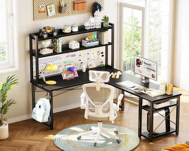 Alt view image 5 of 7 - ODK 59 Inch L Shaped Gaming Desk with Hutch, Computer Desk with Storage Shelves, L Shaped Desk for Home Office, Corner Desk with Headphone Hook, Black