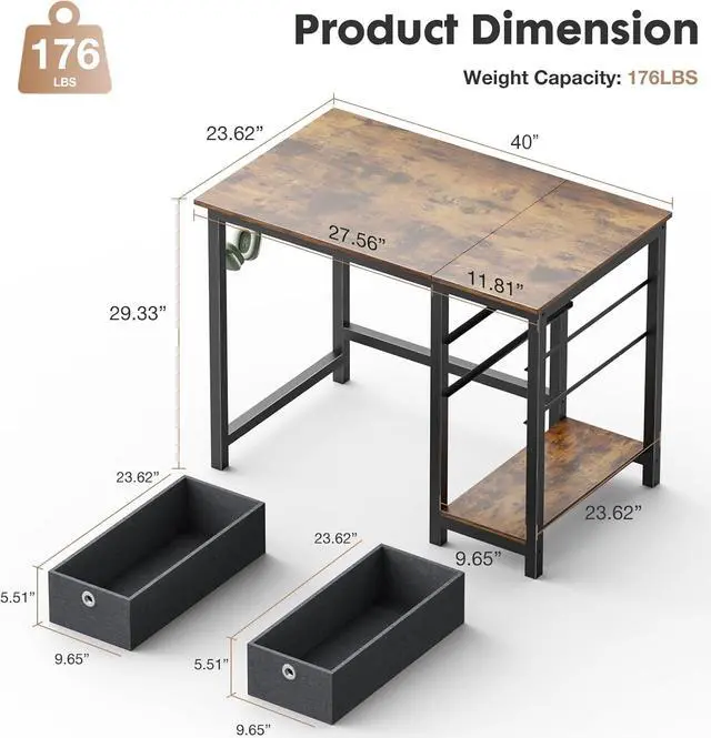 Alt view image 3 of 7 - Sweetcrispy Small Computer Desk with Drawers 40 Inch Office Writing Work Kids Study 2-Tier Wood Corner Table with Storage Drawers Shelf for Bedroom Home Office - Rustic Brown