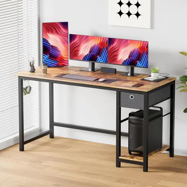 Alt view image 7 of 7 - Sweetcrispy Small Computer Desk with Drawers 40 Inch Office Writing Work Kids Study 2-Tier Wood Corner Table with Storage Drawers Shelf for Bedroom Home Office - Rustic Brown