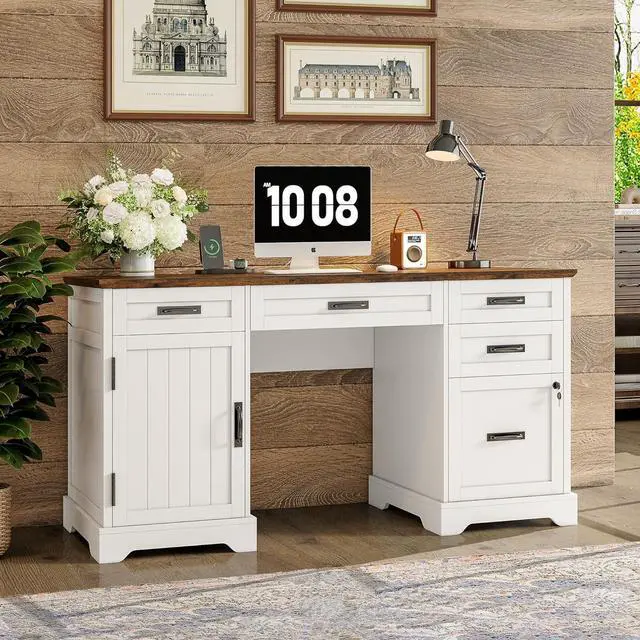 Main image of Alohappy 55'' Farmhouse Executive Desk, Home Office Desk with Drawers, Wood Computert Desk with File Cabinet and Power Outlets, White