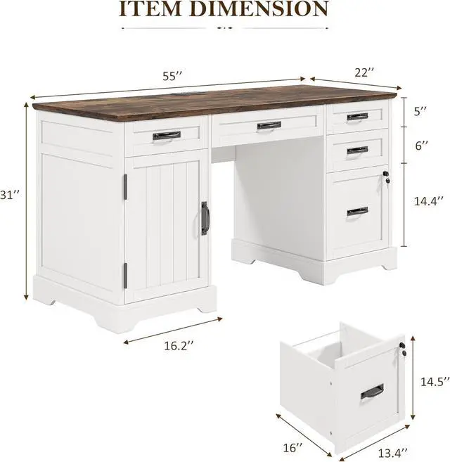 Alt view image 2 of 7 - Alohappy 55'' Farmhouse Executive Desk, Home Office Desk with Drawers, Wood Computert Desk with File Cabinet and Power Outlets, White