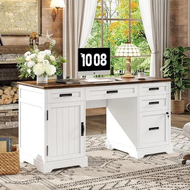 Alt view image 3 of 7 - Alohappy 55'' Farmhouse Executive Desk, Home Office Desk with Drawers, Wood Computert Desk with File Cabinet and Power Outlets, White