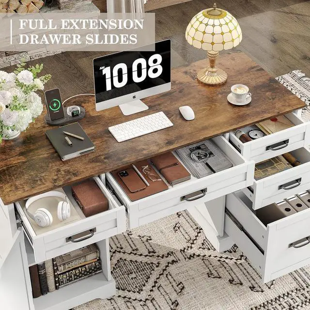 Alt view image 5 of 7 - Alohappy 55'' Farmhouse Executive Desk, Home Office Desk with Drawers, Wood Computert Desk with File Cabinet and Power Outlets, White