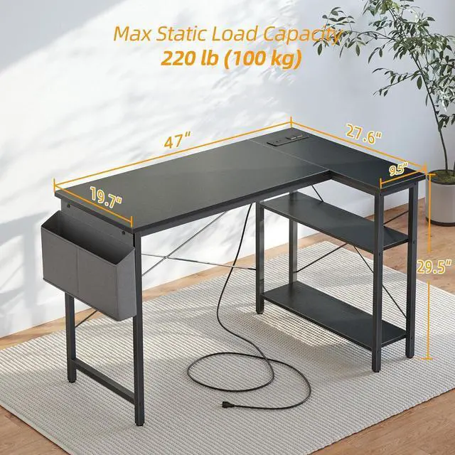 Alt view image 3 of 7 - TIQLAB L Shaped Computer Desk with Power Outlets, 47 Inch Small Corner Desk with Reversible Shelves, Gaming Desk Computer Table Study Writing Table for Home Office Bedroom Small Space, Black