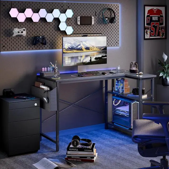 Alt view image 2 of 7 - TIQLAB L Shaped Computer Desk with Power Outlets, 47 Inch Small Corner Desk with Reversible Shelves, Gaming Desk Computer Table Study Writing Table for Home Office Bedroom Small Space, Black