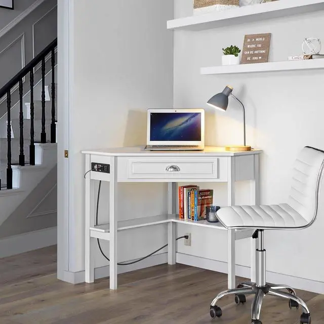 Alt view image 2 of 7 - Yaheetech L Shaped Corner Computer Desk with Power Outlets, Reversible Triangle Workstation with USB Ports and Hook for Small Space, Modern Home Office Desk Gaming Table with Drawer & Shelf, White