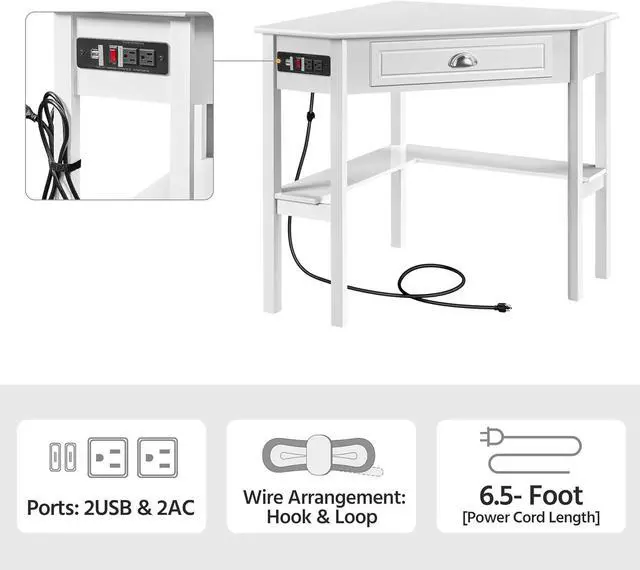 Alt view image 6 of 7 - Yaheetech L Shaped Corner Computer Desk with Power Outlets, Reversible Triangle Workstation with USB Ports and Hook for Small Space, Modern Home Office Desk Gaming Table with Drawer & Shelf, White