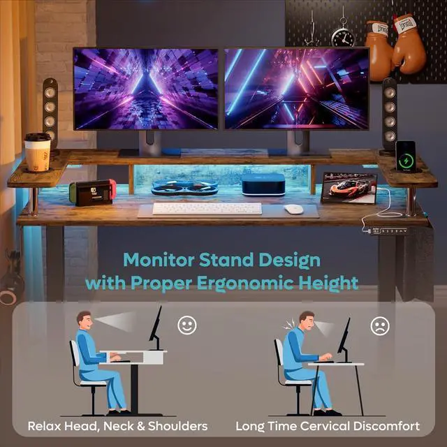 Alt view image 6 of 7 - Bestier LED Electric Standing Desk Adjustable Height, 58x26 Inch Large Sit Stand Desk with Monitor Stand, Ergonomic Rising Desk for Home Office Workstation, Headphone Hook Storage Bag Brown