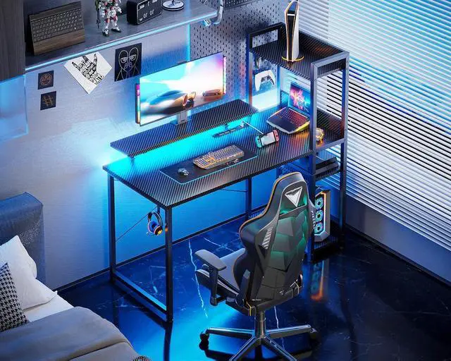 Alt view image 2 of 7 - ODK Reversible Gaming Desk with USB Charging Port and LED Lights, 40 Inch Computer Desk with Storage Shelves & Monitor Stand, Study Table for Home Office, Small Space Bedroom, Carbon Fiber Black