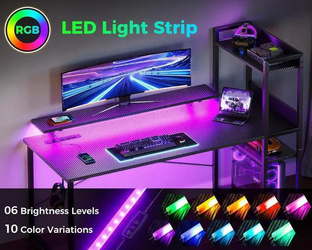 Alt view image 5 of 7 - ODK Reversible Gaming Desk with USB Charging Port and LED Lights, 40 Inch Computer Desk with Storage Shelves & Monitor Stand, Study Table for Home Office, Small Space Bedroom, Carbon Fiber Black