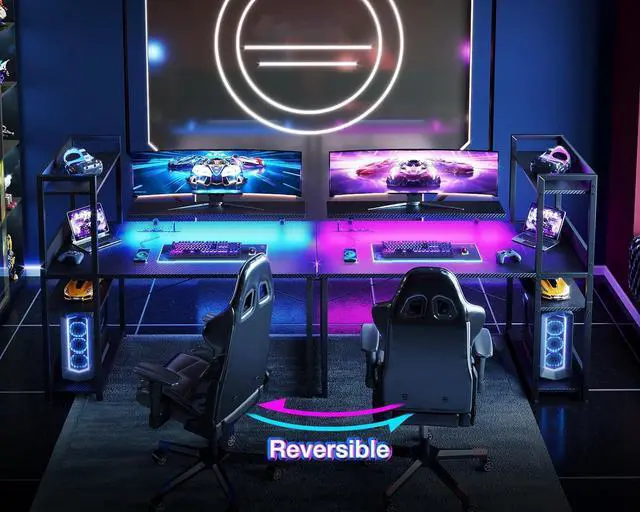 Alt view image 6 of 7 - ODK Reversible Gaming Desk with USB Charging Port and LED Lights, 40 Inch Computer Desk with Storage Shelves & Monitor Stand, Study Table for Home Office, Small Space Bedroom, Carbon Fiber Black