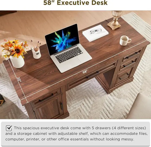 Alt view image 3 of 6 - JXQTLINGMU 58" Executive Desk, Farmhouse Computer Desk with Drawers and Cabinet, Embossed Texture Home Office Desk, Workspace for Work Study Writing, Dark Brown