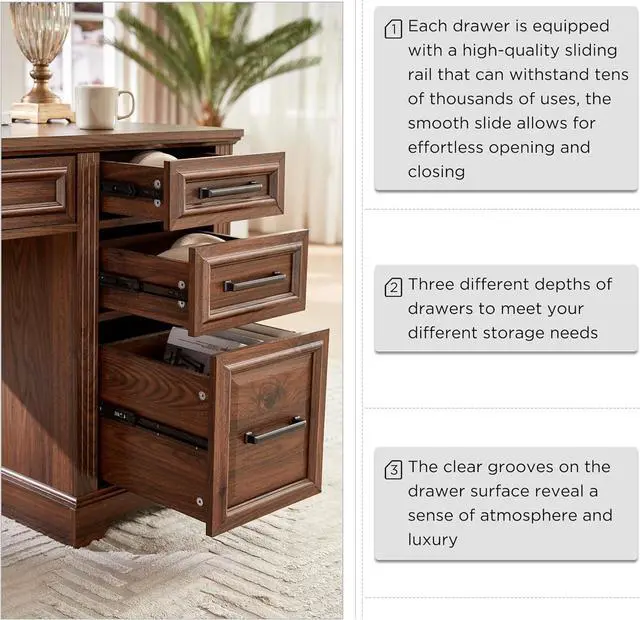 Alt view image 4 of 6 - JXQTLINGMU 58" Executive Desk, Farmhouse Computer Desk with Drawers and Cabinet, Embossed Texture Home Office Desk, Workspace for Work Study Writing, Dark Brown