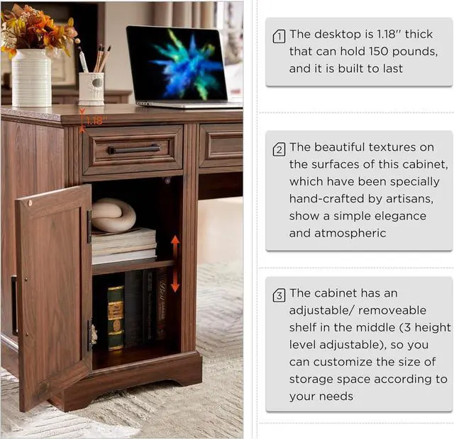 Alt view image 5 of 6 - JXQTLINGMU 58" Executive Desk, Farmhouse Computer Desk with Drawers and Cabinet, Embossed Texture Home Office Desk, Workspace for Work Study Writing, Dark Brown