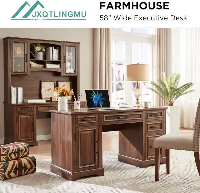 Alt view image 6 of 6 - JXQTLINGMU 58" Executive Desk, Farmhouse Computer Desk with Drawers and Cabinet, Embossed Texture Home Office Desk, Workspace for Work Study Writing, Dark Brown
