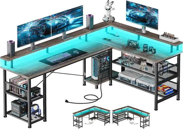Main image of ODK 66" L Shaped Gaming Desk with Power Outlet and LED Lights, PC Gaming Table with USB Ports, Reversible L Shaped Desk with Storage Shelves & Monitor Stand, Home Office Desk, Grey Oak