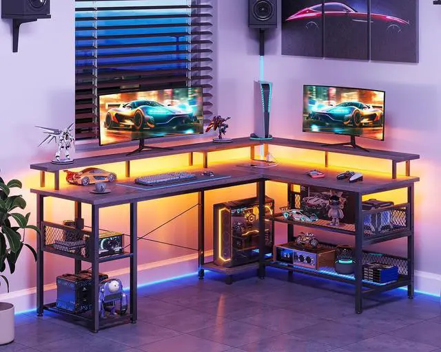 Alt view image 2 of 7 - ODK 66" L Shaped Gaming Desk with Power Outlet and LED Lights, PC Gaming Table with USB Ports, Reversible L Shaped Desk with Storage Shelves & Monitor Stand, Home Office Desk, Grey Oak