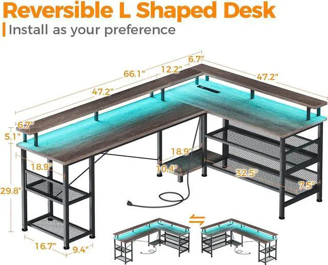Alt view image 3 of 7 - ODK 66" L Shaped Gaming Desk with Power Outlet and LED Lights, PC Gaming Table with USB Ports, Reversible L Shaped Desk with Storage Shelves & Monitor Stand, Home Office Desk, Grey Oak