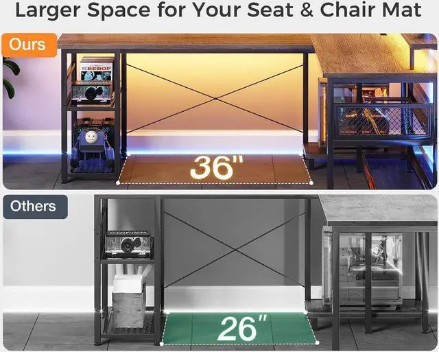 Alt view image 4 of 7 - ODK 66" L Shaped Gaming Desk with Power Outlet and LED Lights, PC Gaming Table with USB Ports, Reversible L Shaped Desk with Storage Shelves & Monitor Stand, Home Office Desk, Grey Oak