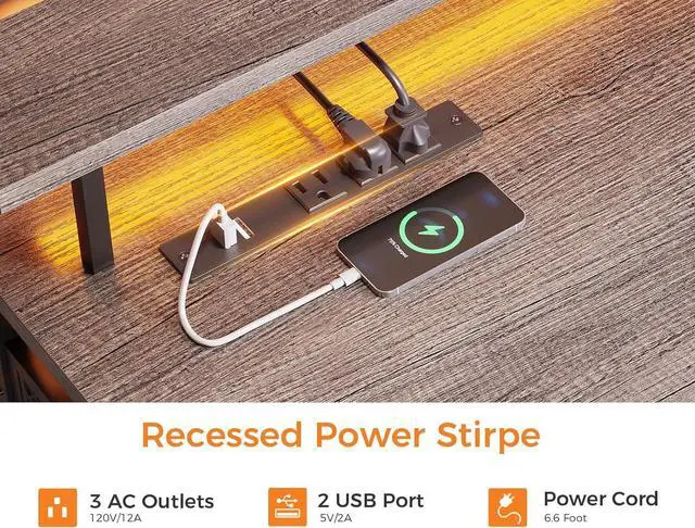 Alt view image 6 of 7 - ODK 66" L Shaped Gaming Desk with Power Outlet and LED Lights, PC Gaming Table with USB Ports, Reversible L Shaped Desk with Storage Shelves & Monitor Stand, Home Office Desk, Grey Oak