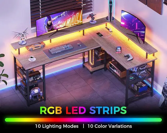 Alt view image 5 of 7 - ODK 66" L Shaped Gaming Desk with Power Outlet and LED Lights, PC Gaming Table with USB Ports, Reversible L Shaped Desk with Storage Shelves & Monitor Stand, Home Office Desk, Grey Oak
