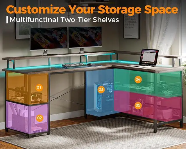 Alt view image 7 of 7 - ODK 66" L Shaped Gaming Desk with Power Outlet and LED Lights, PC Gaming Table with USB Ports, Reversible L Shaped Desk with Storage Shelves & Monitor Stand, Home Office Desk, Grey Oak