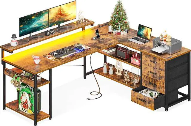 Main image of AODK 61" L Shaped Desk with Drawer, Computer Desk with Power Outlets & LED Lights, Reversible Corner Gaming Desk for Home Office Workstation, Office Desk with Monitor Shelf, Vintage
