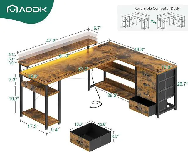 Alt view image 3 of 7 - AODK 61" L Shaped Desk with Drawer, Computer Desk with Power Outlets & LED Lights, Reversible Corner Gaming Desk for Home Office Workstation, Office Desk with Monitor Shelf, Vintage