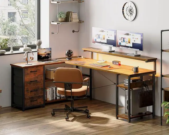 Alt view image 2 of 7 - AODK 61" L Shaped Desk with Drawer, Computer Desk with Power Outlets & LED Lights, Reversible Corner Gaming Desk for Home Office Workstation, Office Desk with Monitor Shelf, Vintage