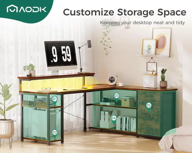Alt view image 6 of 7 - AODK 53" L Shaped Desk with Drawer, Computer Desk with Power Outlets & LED Lights, Reversible Corner Gaming Desk for Home Office Workstation, Office Desk with Monitor Shelf, Vintage
