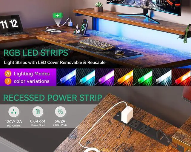 Alt view image 6 of 7 - AODK 61" L Shaped Desk with Drawer, Computer Desk with Power Outlets & LED Lights, Reversible Corner Gaming Desk for Home Office Workstation, Office Desk with Monitor Shelf, Vintage