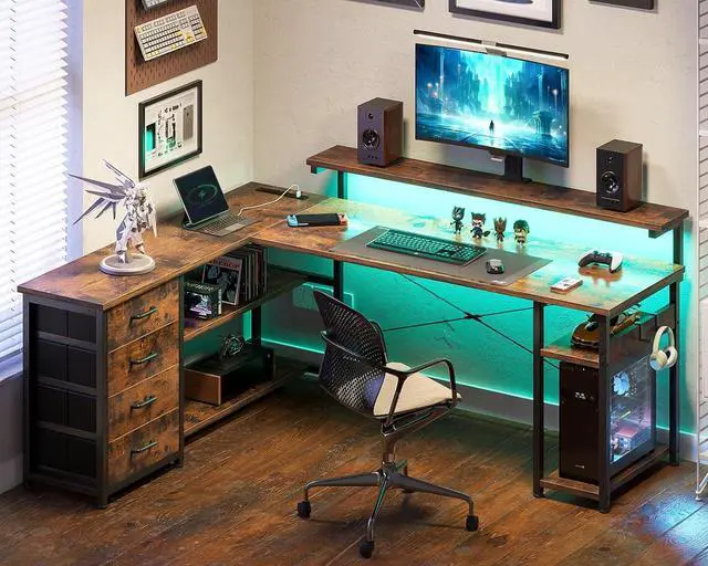 Alt view image 7 of 7 - AODK 61" L Shaped Desk with Drawer, Computer Desk with Power Outlets & LED Lights, Reversible Corner Gaming Desk for Home Office Workstation, Office Desk with Monitor Shelf, Vintage