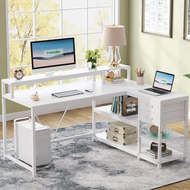 Main image of Tribesigns 55-inches Reversible L Shaped Desk with Drawer, Modern White L Corner Desk Home Office Table with Storage Shelves and Monitor Stand, Wooden and Metal PC Desk for Small Space