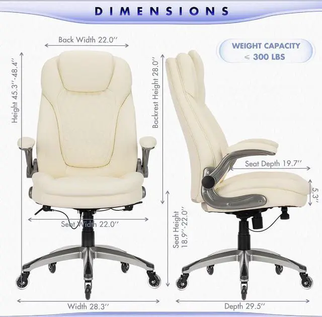 Alt view image 3 of 7 - Executive Office Chair-Ergonomic Computer Desk Chair with Upgraded Caster for Swivel, High Back Office Chair with Padded Flip-up Arms, Stylish Leather Chair Thicken Seat for Comfort (Ivory, 300lbs)