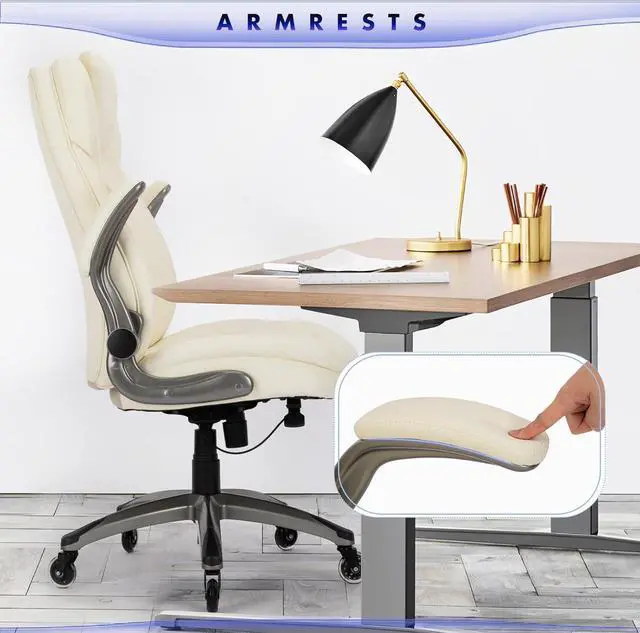 Alt view image 7 of 7 - Executive Office Chair-Ergonomic Computer Desk Chair with Upgraded Caster for Swivel, High Back Office Chair with Padded Flip-up Arms, Stylish Leather Chair Thicken Seat for Comfort (Ivory, 300lbs)