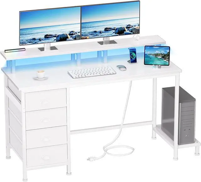 Main image of Furologee 47" White Computer Desk with 4 Fabric Drawers & Monitor Stand, Gaming Desk with Power Outlets - LED Lights, Home Office Space-Saving Study Table for Bedroom Small Spaces
